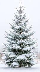 Obraz premium Majestic Evergreen Tree Adorned with Fresh Snow in a Serene Winter Landscape Scene