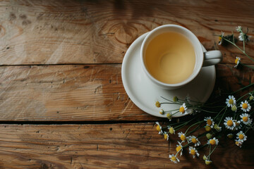 Obraz premium Cup of chamomile tea on rustic wooden table