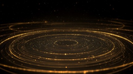 Fototapeta premium Radiant Golden Circles Flowing in Dark Space With Sparkling Particles And Glowing Lines Illustration