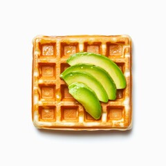 Belgian waffle with avocado slices isolated on white background, top view.