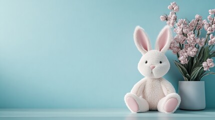 Charming Stuffed Rabbit Nestled Beside an Elegant Vase of Freshly Picked Flowers in a Cozy Environment Evoking Warmth and Whimsy Perfect for Home Decor and Nostalgic Moments of Joy