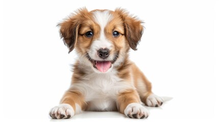 Adorable Welsh puppy, tongue out panting, winking playfully, sitting on a white backdrop