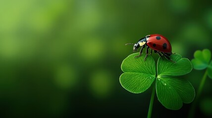 Obraz premium Ladybug on Clover Leaf with Green Background