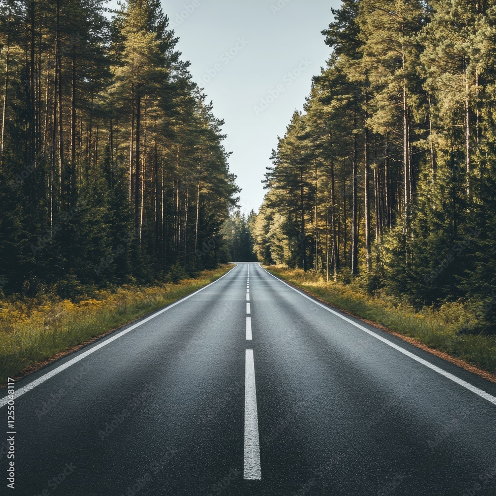 Poster Straight road leading into a dense forest with tall trees and clear sky creating an inviting natural pathway. Generative AI