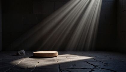 Dark empty tomb with illuminated stone slab and radiant light beams, Easter theme