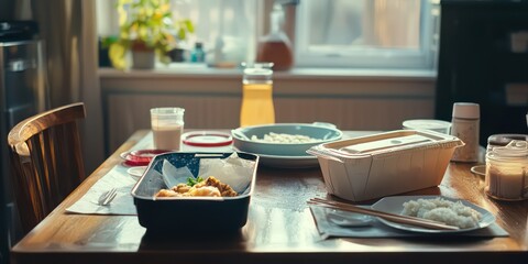 A quick and easy takeout meal set up neatly on a table.