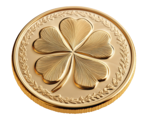 golden coin embossed with four leaf clover symbolizes wealth and good fortune. Its intricate design and shiny surface make it striking piece of art