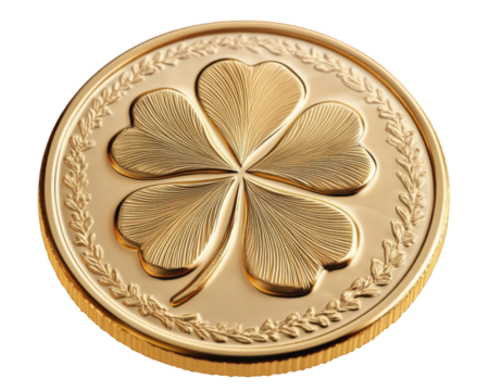 golden coin embossed with four leaf clover symbolizes wealth and good fortune. Its intricate design and shiny surface make it striking piece of art - Powered by Adobe