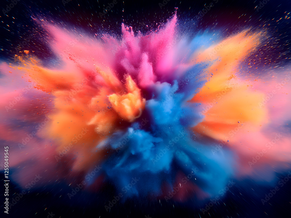 Poster A vivid illustration of an explosion, with soft clouds of color smoothly blending to create shimmers of purple, pink, blue and orange. A dynamic composition
