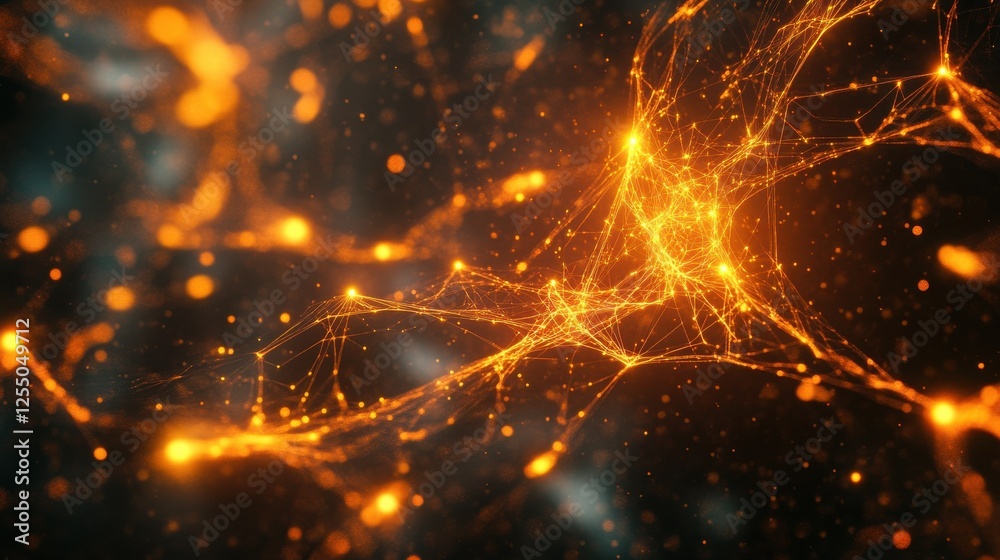 Poster A 3D plexus network with glowing lines and nodes connecting in a complex web, representing the digital world and AIgenerated data.