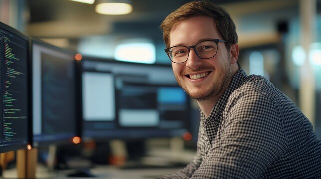 Handsome male developer in checkered shirt coding at desk surrounded by multiple monitors