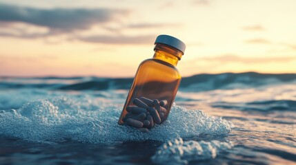 Obraz premium A prescription bottle sways with the ocean current, tiny pills rising and falling in the rhythmic movement.