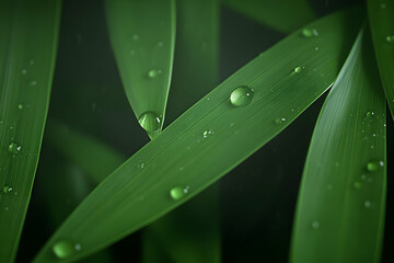 Green Grass Blades with Dew Drops - Realistic Macro Image
