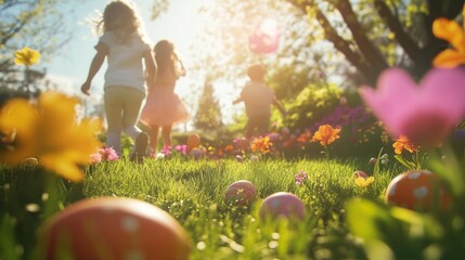 Children running on grass searching for easter eggs in garden