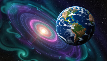 Fototapeta premium Earth in space surrounded by cosmic phenomena illustrating solar interaction and energy waves