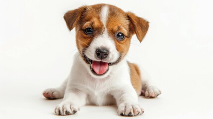 Adorable Welsh puppy, tongue out panting, winking playfully, sitting on a white backdrop