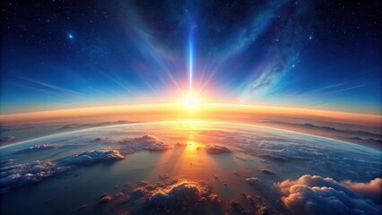 A Celestial Sunrise  A Breathtaking View of Earth from Above the Clouds, Bathed in the Golden Light of a Radiant Dawn, with the Starry Expanse of Space Above
