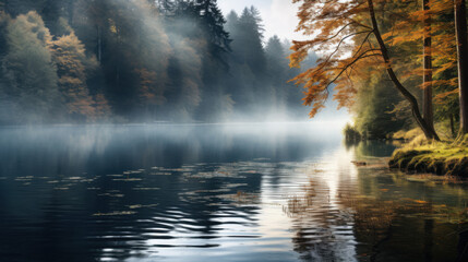Misty Autumn Lake, Sunbeams, Fall Foliage - Moody landscapes