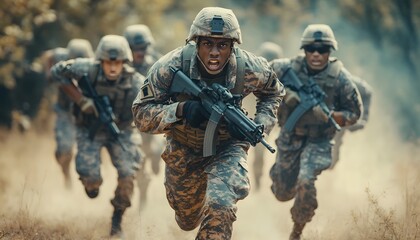 Soldiers run forward carrying weapons in a dusty environment