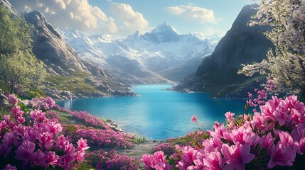 Serene Mountain Lake with Blooming Azaleas