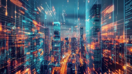 Fototapeta premium An impressive view of a modern city skyline featuring advanced urban development, with towering skyscrapers adorned with holographic displays that provide real-time information to citizens.