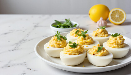 Delicious deviled eggs with lemon zest and herbs on a modern platter, perfect for gatherings