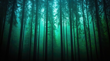 Obraz premium Glow forest concept. Mysterious forest with tall trees shrouded in a misty atmosphere, inviting exploration.