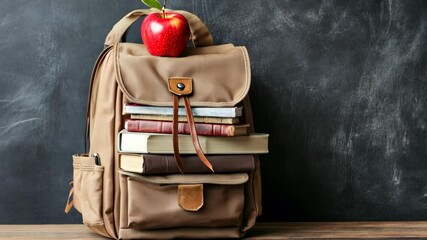 Backpack filled with books and an apple on top resting against a chalkboard backdrop - Powered by Adobe