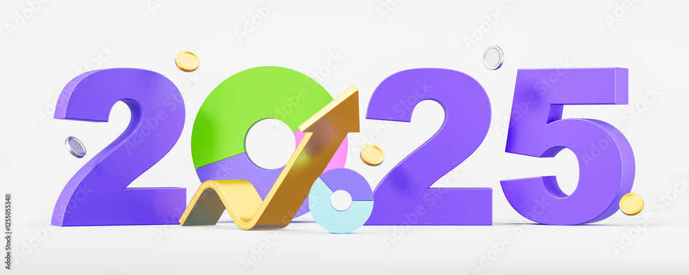 Poster 2025 forecast concept with colorful pie chart and upward arrow in 3d. 3d rendering