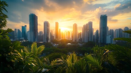 Golden Hour Skyline: Urban Oasis at Sunset