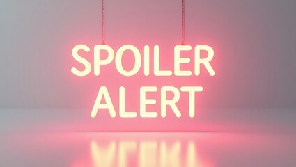 Bright sign saying spoiler alert in pink neon lights hanging in a simple setting