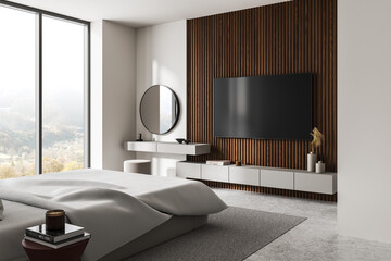 Modern minimalist bedroom with wooden accent wall and large TV. 3D Rendering
