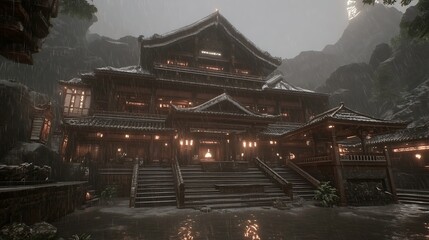 Fototapeta premium Serene Temple in Rainy Weather An Ancient Architectural Marvel with Mystical Ambiance