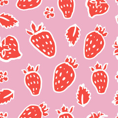 Hand drawn strawberries seamless pattern. Berries on red background. Naive art style backdrop. Fruit pattern design for textile, wallpaper, and print.