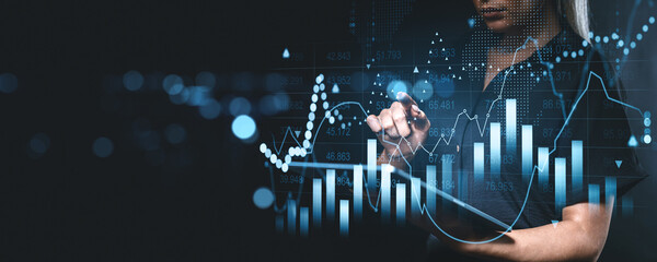 Digital financial graph with a person analyzing data in a modern