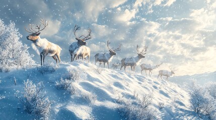 Obraz premium Reindeer migration in winter wonderland snowy landscape nature photography scenic view wildlife