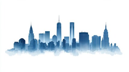Fototapeta premium Minimalist New York city skyline silhouette in blue and white, featuring iconic landmarks for commercial use.