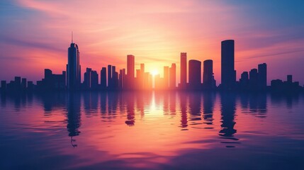 A modern urban skyline silhouette reflecting on water at dawn, showcasing a blend of minimalistic architecture and vibrant colors in a contemporary cityscape