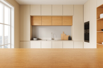 Wooden countertop in a modern beige kitchen interior with blurred background. 3D Rendering