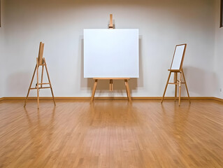 Empty Art Studio Illustration: Wooden Easels and Blank Canvas