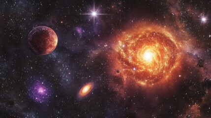 Fototapeta premium Pulsating star near a neutron star with quasars and event horizons in the background surrounded by dark matter dark energy and the cosmic microwave background. Quasar. Illustration