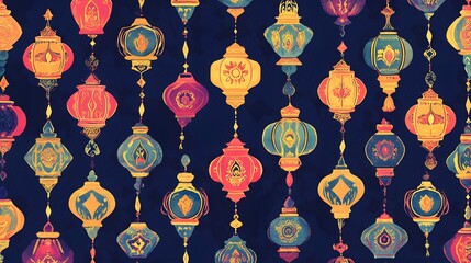 Colorful geometric pattern, vibrant shapes in blues and warm tones, suitable for textiles, wallpapers, and modern decor.