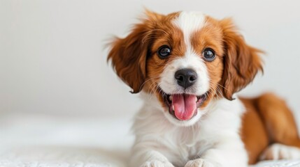 Adorable Welsh puppy, tongue out panting, winking playfully, sitting on a white backdrop