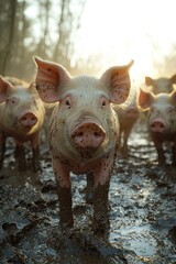Mud Covered Pigs Walking Through Muddy Terrain