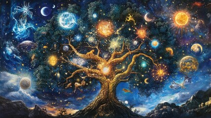 Zodiac signs in a celestial family tree, captured in an artwork where the zodiac signs are branches on a tree, showing the connections between them and the flow of cosmic energy through the