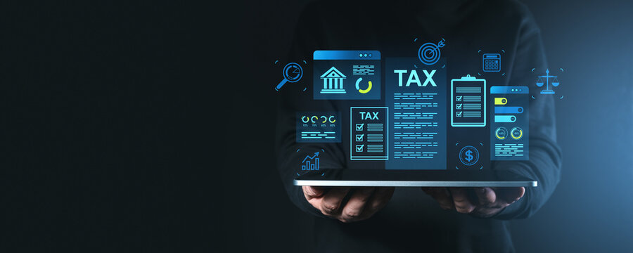 Digital holographic tax and finance management interface concept.