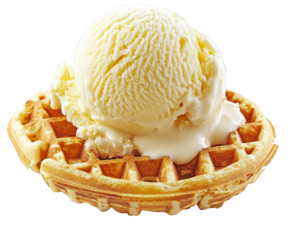 Delicious waffle topped with scoop of creamy vanilla ice cream, melting slightly. Perfect for dessert lovers