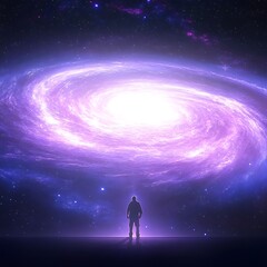 Naklejka premium Silhouette of a Lone Astronaut Gazing at a Majestic Purple Galaxy in the Deep Universe Space