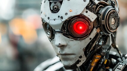 Fototapeta premium Close-up of a Futuristic Android Robot with Red Eye