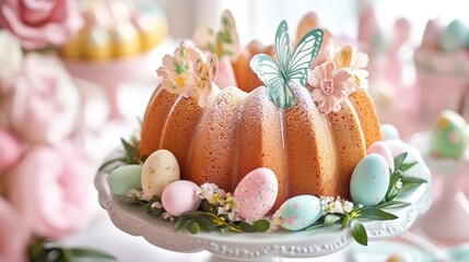 Obraz premium Close-up of an Easter bundt cake centerpiece featuring candy eggs, butterfly accents, and greenery, styled on a festive table with pastel-themed decor.